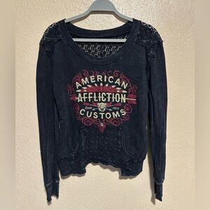 Affliction Shirt Long Sleeve Bedazzled Crochet Open Knit Size XS‎